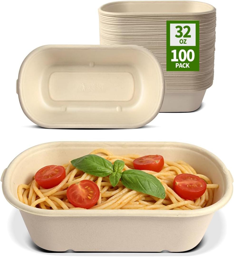 32 oz Paper Bowls 100 Pack for Sandwich Roll, Burrito, Salads, Pasta, Microwavable Meal Catering Disposable Bowls for Lunch To go, 100 Bowls Only, 9.05 x 5.1 x 2.36 inch