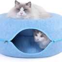 Large Cat Tunnel Bed for Indoor Cats with 3 Toys, Scratch Resistant Donut Cat Bed, Up to 30 Lbs (L 24x24x11, Blue)