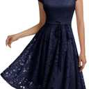 MUADRESS Women Cap-Sleeve Lace Floral Elegant Cocktail Dress Crew Neck Knee Length Bridesmaid Prom Dresses for Party Navy Small