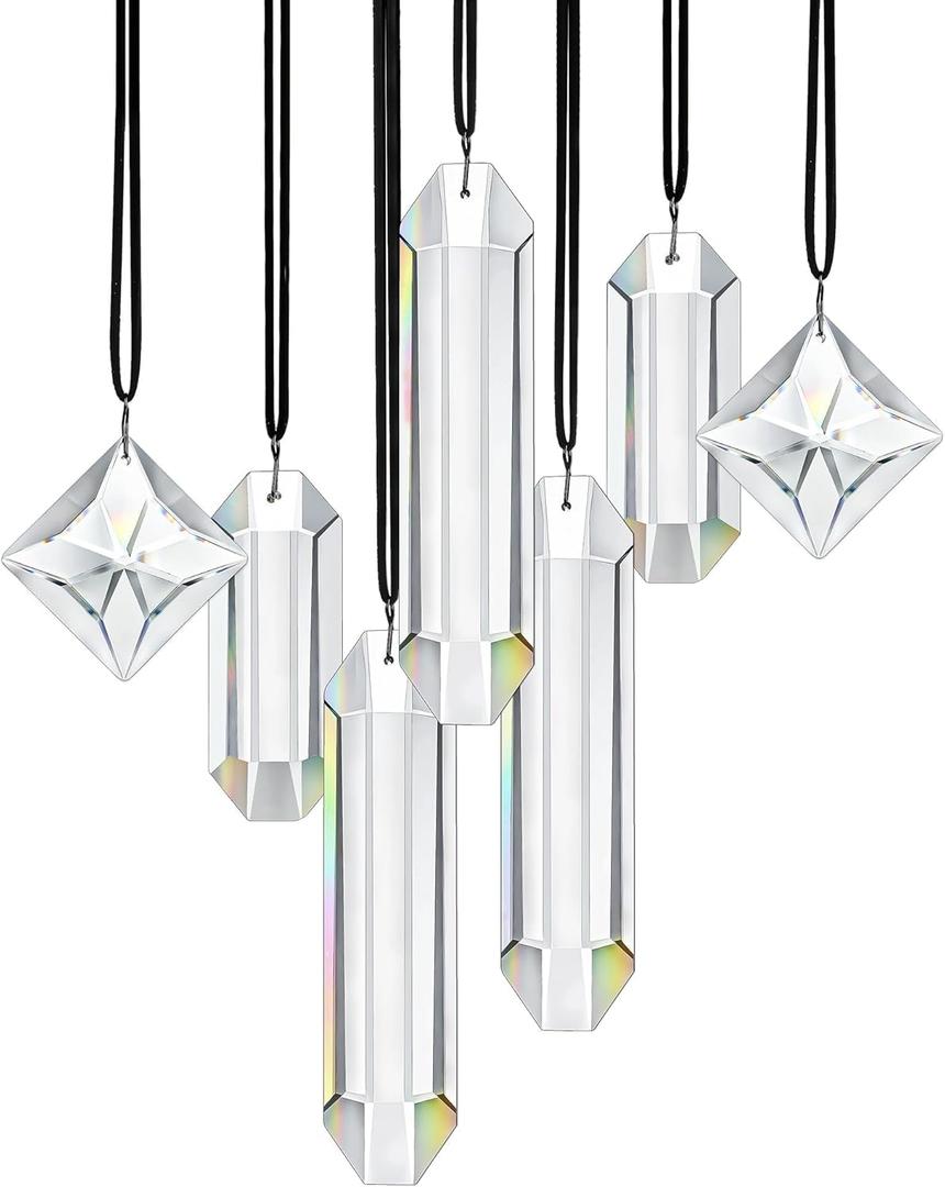 HDCRYSTALGIFTS Set 7 Clear Crystal Prisms Suncatchers Hanging Glass Ornament for Christmas Tree,Rainbow Maker Sun Catchers for Windows Home Garden Decoration,Modern Grief Gift