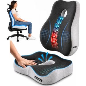 Seat Cushion and Lumbar Support Pillow Set, Back and Butt Support, Sciatica Relieving Coccyx Cushion, Hemorrhoid Cushion, Ergonomic Memory Foam Cushion&Pillow, Office Chair and Car Seat (Light Gray)