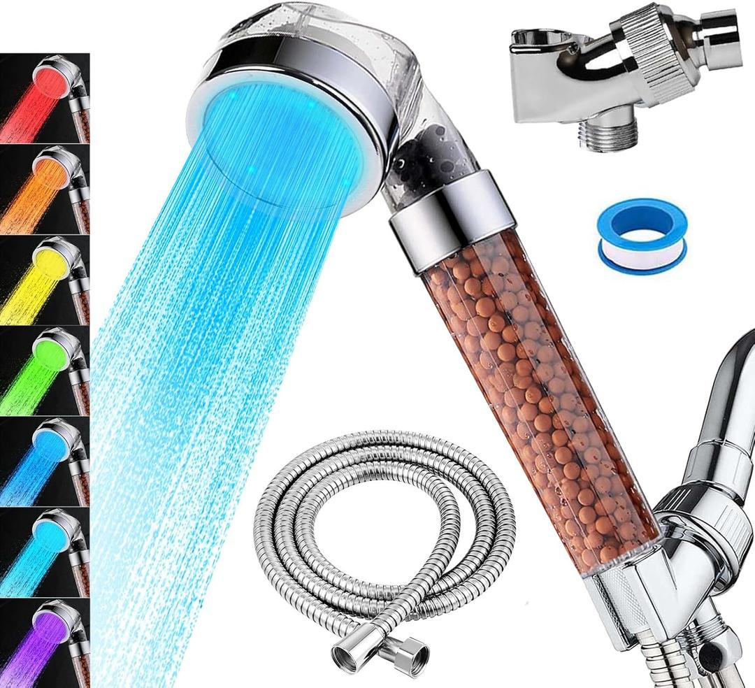 Vacto LED Handheld Shower Head Set with Filtration, Automatic 7-color Changing Shower Head Kit, High Pressure Handheld Shower Head with Hose and Bracket, Water Saving Showerheads with Filtration Beads