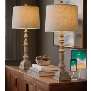 Oneach 27.75" Vintage Farmhouse USB Table Lamps Set of 2 for Living Room Bedroom Traditional Bedside Nightstand Lamp with Dual USB Port Resin Table Lamp with Rotary Switch for Living Room Bedroom