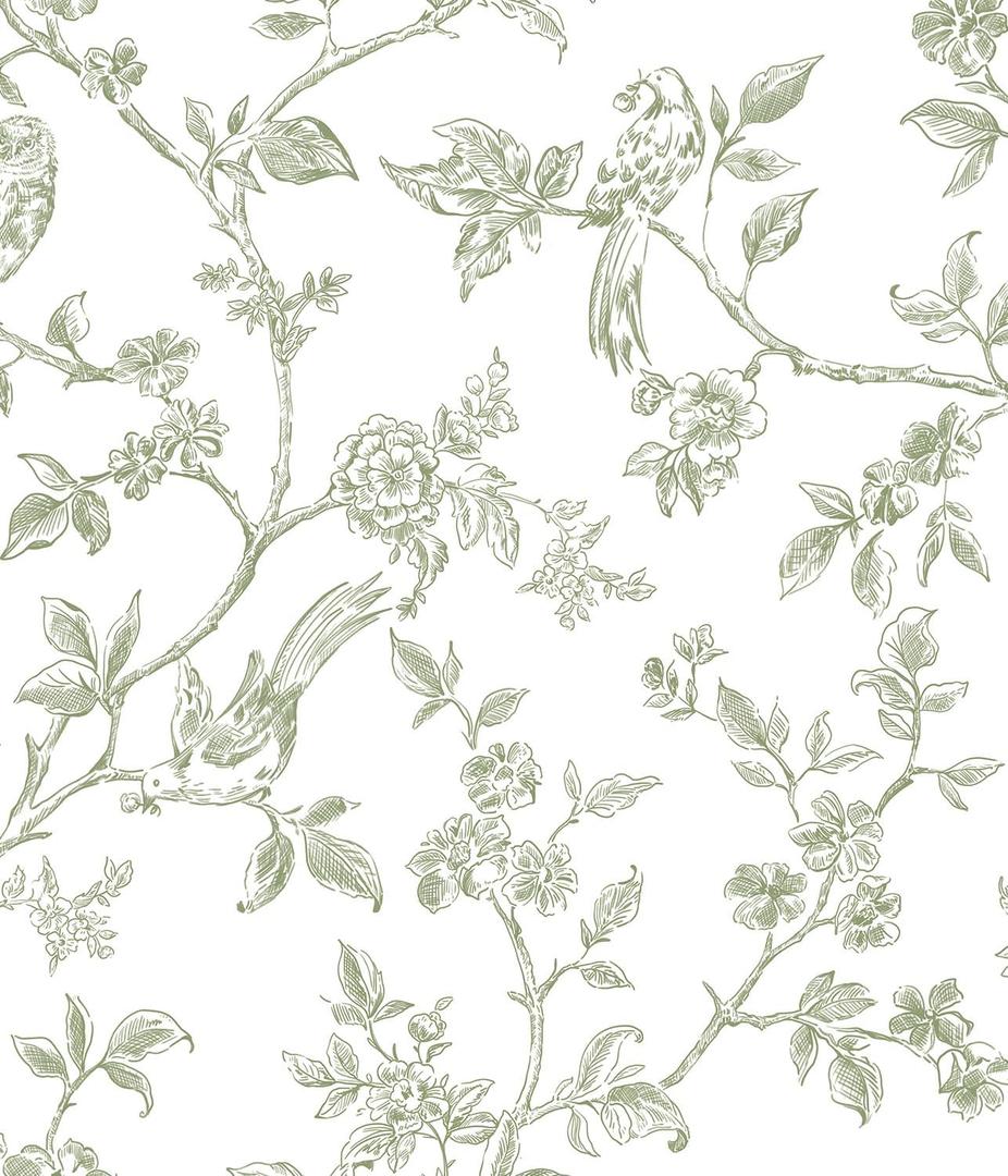 Orainege Vintage Floral Wallpaper Peel and Stick Wallpaper 16.9in118.1in Green and White Floral Contact Paper Flowers Birds Self Adhesive Decorative Wall Paper for Bathroom Bedroom Cabinets Removable