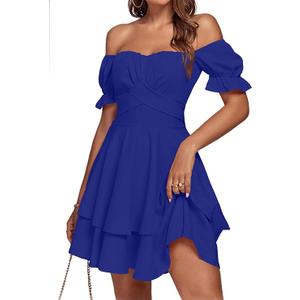 LYANER Women's Tie Back Off Shoulder Wrap Layer Ruffle Short Sleeve Mini Dress, Medium