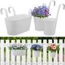 MADHOLLY Railing Planter with Drainage- 10.8" & 5.1" Bucket Pots for Balcony Railing- Metal Iron Hanging Flower Pots for Herb Planter Outdoor Deck & Rail Decor with Hook, 3Pcs, White