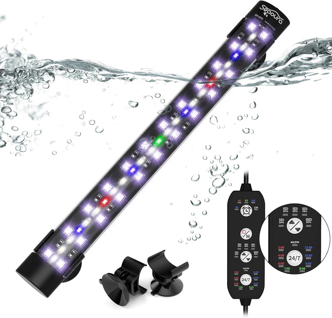 SEAOURA Submersible Aquarium Light for 12 to 23 Inch Fish Tank, 24/7 Cycle Fish Tank Light with Timer, Aquarium Plant Light with Full Spectrum+7 Single Colors, Auto On/Off, Adjustable Brightness (11 Inch length)