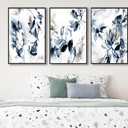 Large Framed Canvas Wall Art - Abstract Floral Wall Decor, Navy Blue Flowers Pictures, Ink Wash Botanical Painting Prints for Living Room Bedroom Office Bathroom Artwork 16" X 24" X 3, 16" X 24" X 3pcs Framed