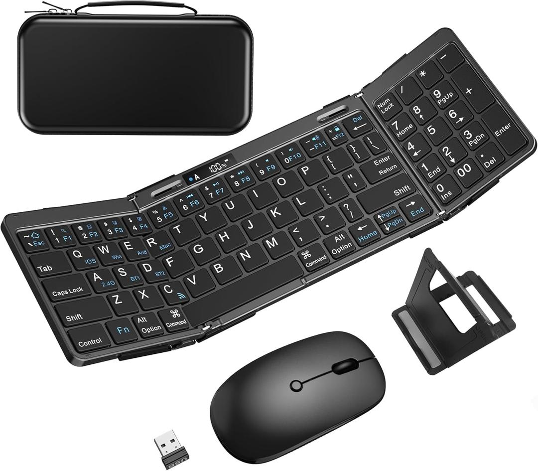 Foldable Keyboard and Mouse, EDJO Folding Keyboard Mouse Combo with Portable Case, 2.4G Wireless & Bluetooth, USB-C Rechargeable Travel Combo for Windows, Mac OS, iOS, Android PC/Laptop/ (Black)