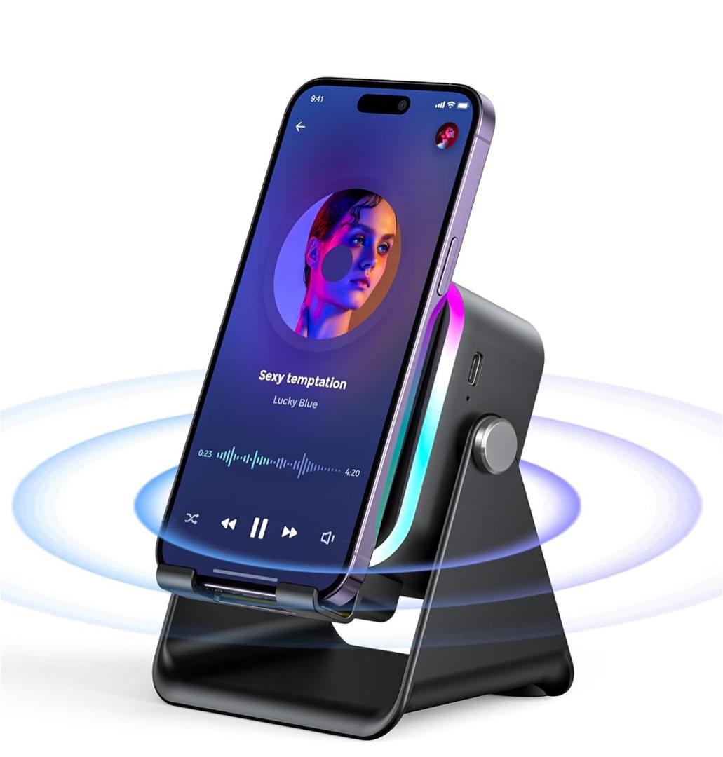 Induction Speaker with Phone Stand 5 in 1 Wireless Induction Bluetooth Audio for iPhone Android Phone Speakers Amplifier with Rechargeable Colorful Light, Birthday Gifts for Men Women Teens (Black)