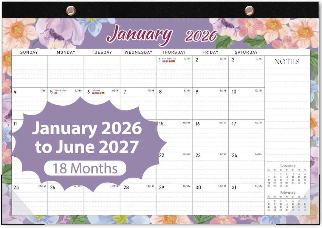 10 x 2026 Desk Calendar, Large Desktop/Wall Monthly Calendar (Jan. 2026 - Jun. 2027) 17'' x 12'' School Year Desk Planner for Teacher Family School Office Supplies (Purple)