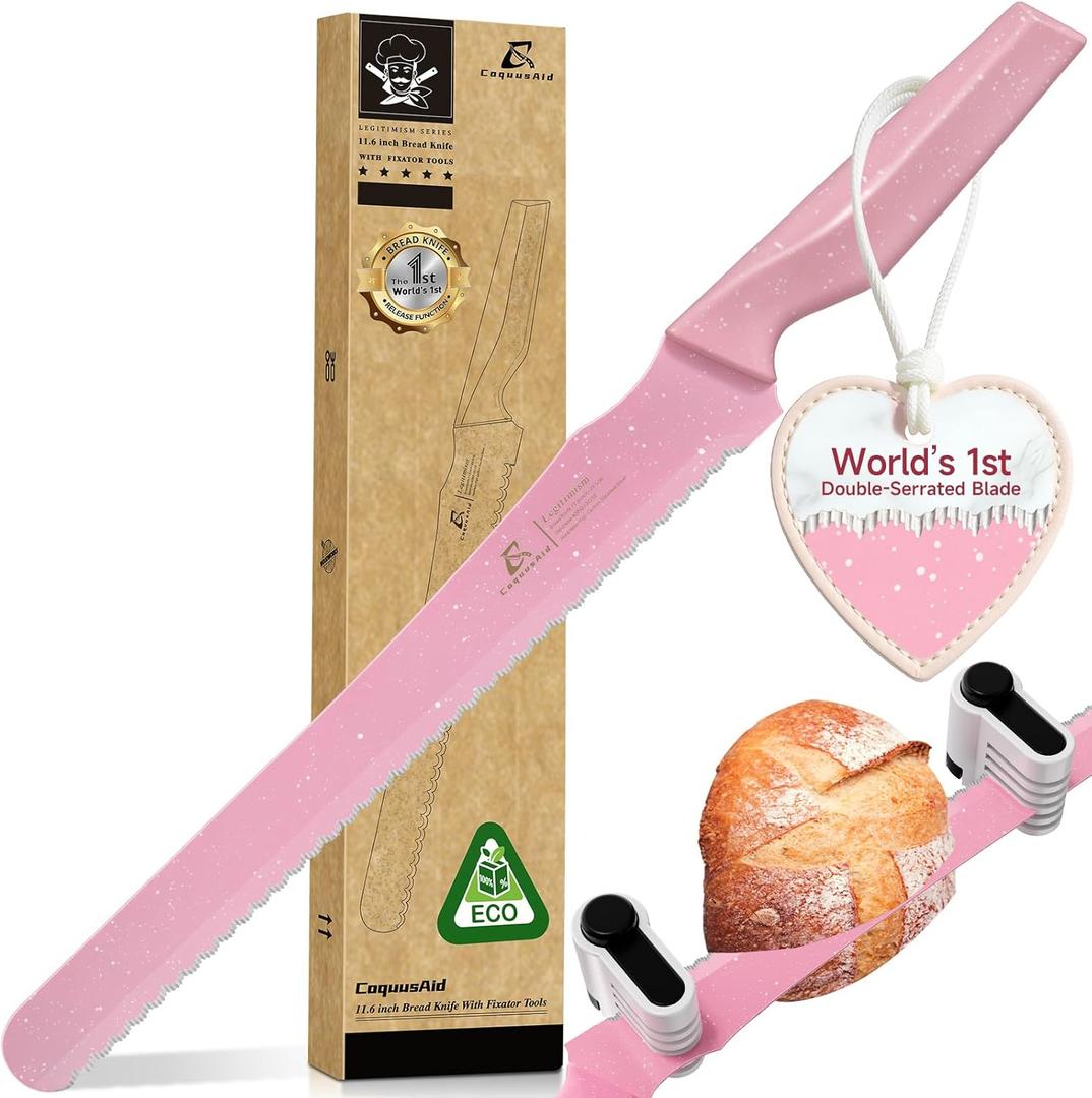 CoquusAid Upgrade Bread Knife for Homemade Bread, Worlds 1st Double Serrated Knife for Crusty Sourdough, 11.6 Inch Stainless Steel Bread Slicer, Professional Sourdough Cutter, Ideal for Gift, Pink