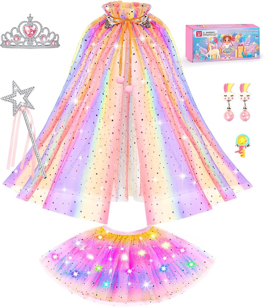 DOLNOW Light up Princess Dress up Clothes for Little Girl, Unicorn Princess Cape Princess Dresses Crown Toy for 3 4 5 6 Girls