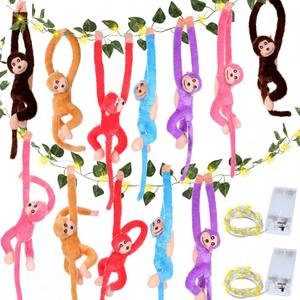 Gemscream 12 Pcs 20 Inch Hanging Monkey Stuffed Animal Stuffed Monkey Plush with 2 Hanging Artificial Ivy Vines 2 Pcs 20 LED Fairy Light Battery Operated String Light for Gifts(Multicolor)