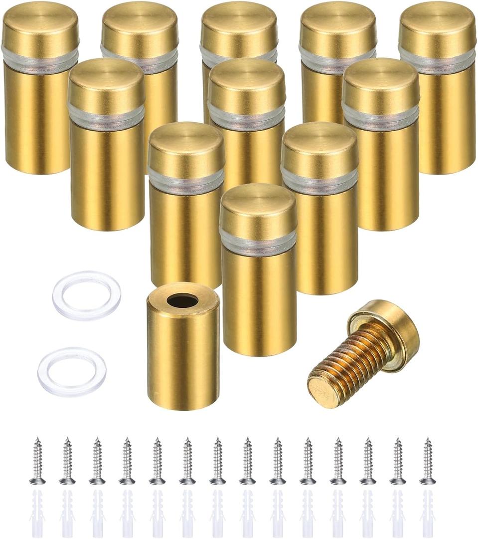 Uxcell 12 Pcs 1/2" x 1" Standoff Screws Stainless Steel Wall Mount Sign Mounting Hardware Kit with 14pcs Screws for Hanging Acrylic Glass Signs Advertising Boards, Brushed Gold