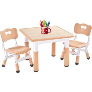 FUNLIO Kids Table and 2 Chairs Set, Height Adjustable Toddler Table and Chair Set for Ages 3-8, Easy to Wipe Arts & Crafts Table, for Classrooms/Daycares/Homes, CPC & CE Approved (3pcs Set) - Natural