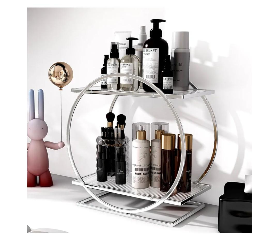 YGJT Bathroom Counter Organizer, 2 Tier Perfume Organizers for Dresser, Makeup Organizer Countertop for Vanity, Skincare Organizers Perfume Holder Tray Cosmetic Display Rack, Gifts for Women(Silver)