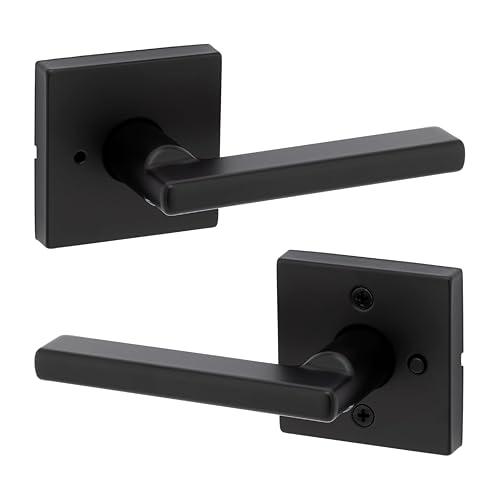 Kwikset Halifax Interior Privacy Door Handle with Lock, Door Lever For Bathroom and Bedroom, Matte Black Reversible Keyless Push Button Lock Door Lever, with Microban Protection, Square Rose