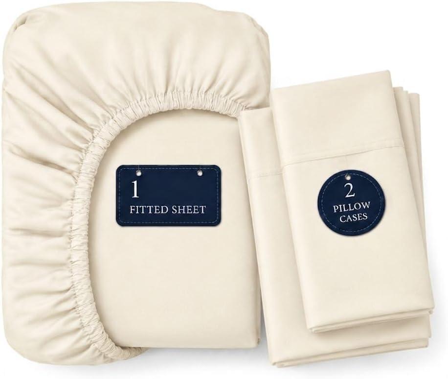 Cal King Fitted Sheet, 100% Egyptian Cotton, 3-Piece Set (1 Fitted Sheet + 2 Pillowcases), Sateen Weave, Ultra Soft, 16" California King Sheets Deep Pockets Fitted Sheet (No Flat Sheet) - Ivory