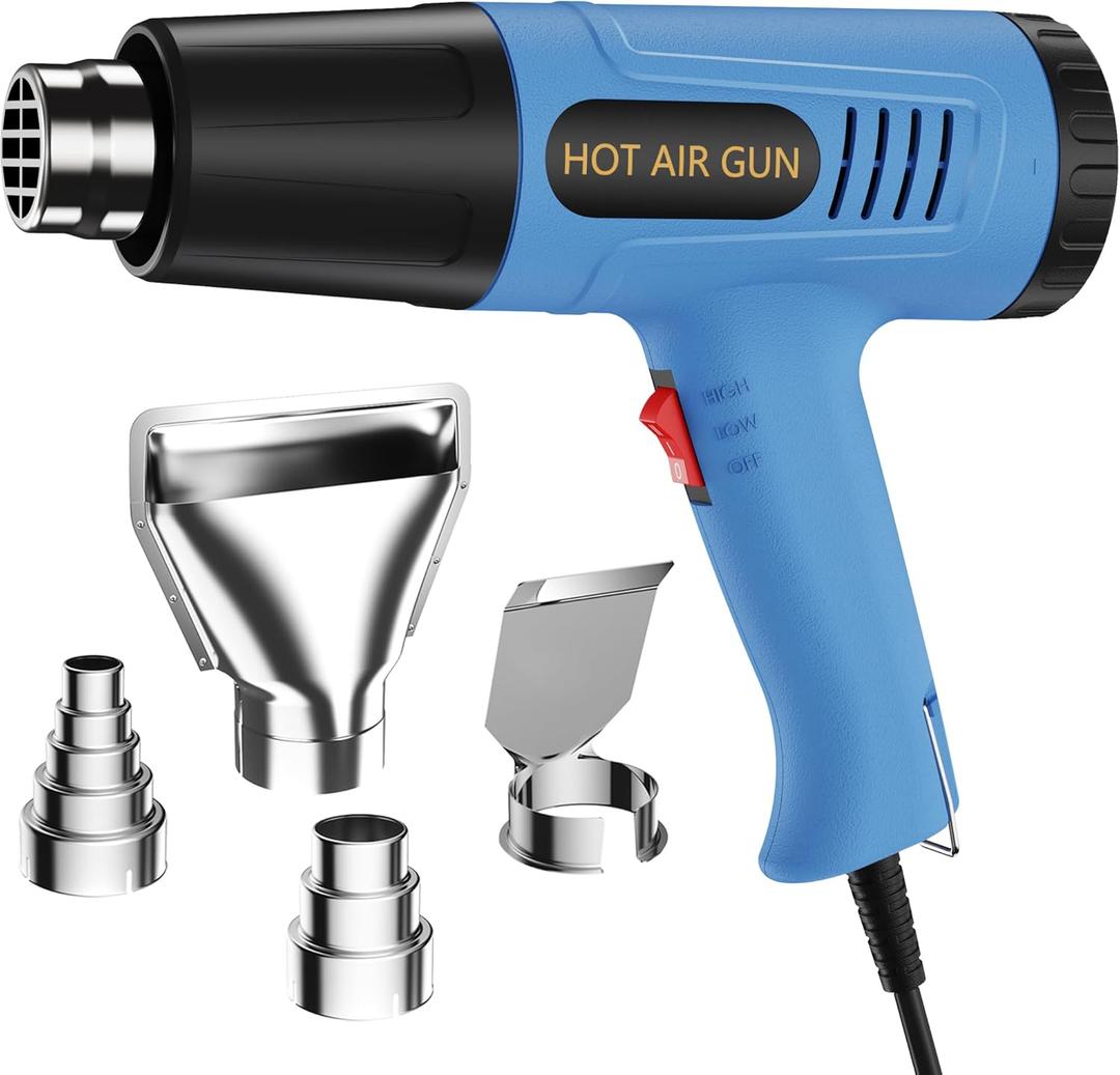 Heat Gun, 572 & 1112F Temp Ranges, 2-Speed Adjustable, 110V with 4 Nozzles, Overload Protection, 4.9FT Cord, for Crafts and Shrink Wrap (Standard)