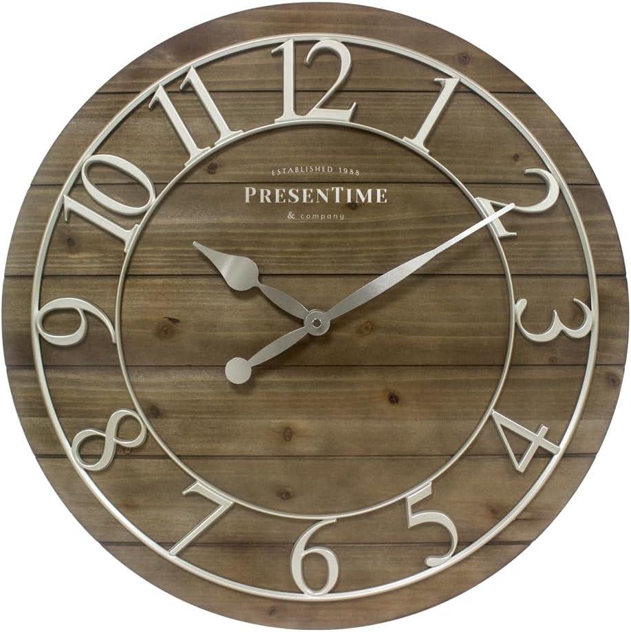 Presentime & Co Vintage Farmhouse Shiplap Clock, 19.5 inch, Silver Arabic Numerals with Weathered Pine Wood Shiplap Style. Large Farmhouse Decor for Living Room, Entryway, Home Office, Wall Dcor