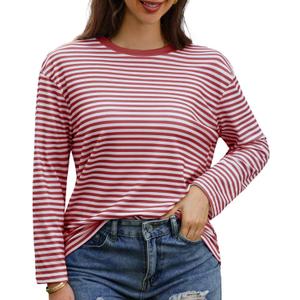 Gardenwed Long Sleeve Shirts for Women Striped Crewneck Loose Fit Basic Tops 2025 Fall T-Shirt (Red, S)