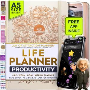 Life Planner - Undated Weekly & Monthly Planner, 12-Month Journey to Increase Productivity | Gratitude Journal, Life Organizer & Goal Journal | Include Foldable Vision Board, Habit Tracker & Stickers (A5 (Undated) 5.8" x 8.3", Vanilla-Tree)
