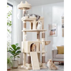 Globlazer Heavy Duty Cat Trees for Large Cats, Sturdy 72in Maine Coon Cat Tree for Large Cat 20 lbs+ Heavy Duty Cat Tower for Adult Biggest Cats with 6 Scratching Posts, Hammock, S72, Beige