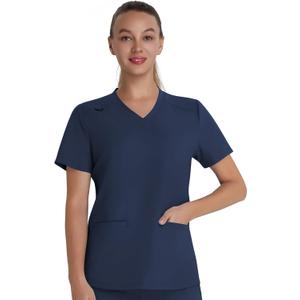 QBK Scrub Top for Women – Soft Stretch V-Neck Scrubs with 2 Inset Slip Pockets and a Curved Hemline, Easy Care, Navy Small
