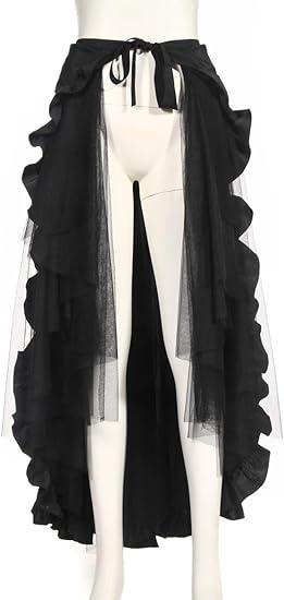 HaoLin Steampunk Retro Victorian Punk Cincher Lace up Long Ruffle Pencil Skirt Black