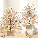 2 Pack & Timer - Easter Decorations, 18 Inch Lighted Easter Tree Tabletop with 20 LED Warm White Lights Pastel Eggs Floral Berries Battery Operated Easter Egg Tree Home Indoor Table Party Spring Decor