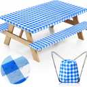 Picnic Table Cover with Bench Covers and Bag, Camping Table Camping Essentials Cover with Elastic Edges (Blue)