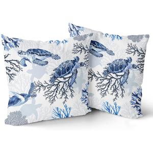 Sea Turtle Pillow Covers 16x16 Inch Set of 2 Nautical Coastal Polyester Decorative Throw Pillow Cases Beach Themed Ocean Coral Outdoor Cushion Covers for Bedroom Living Room Sofa Couch Chair