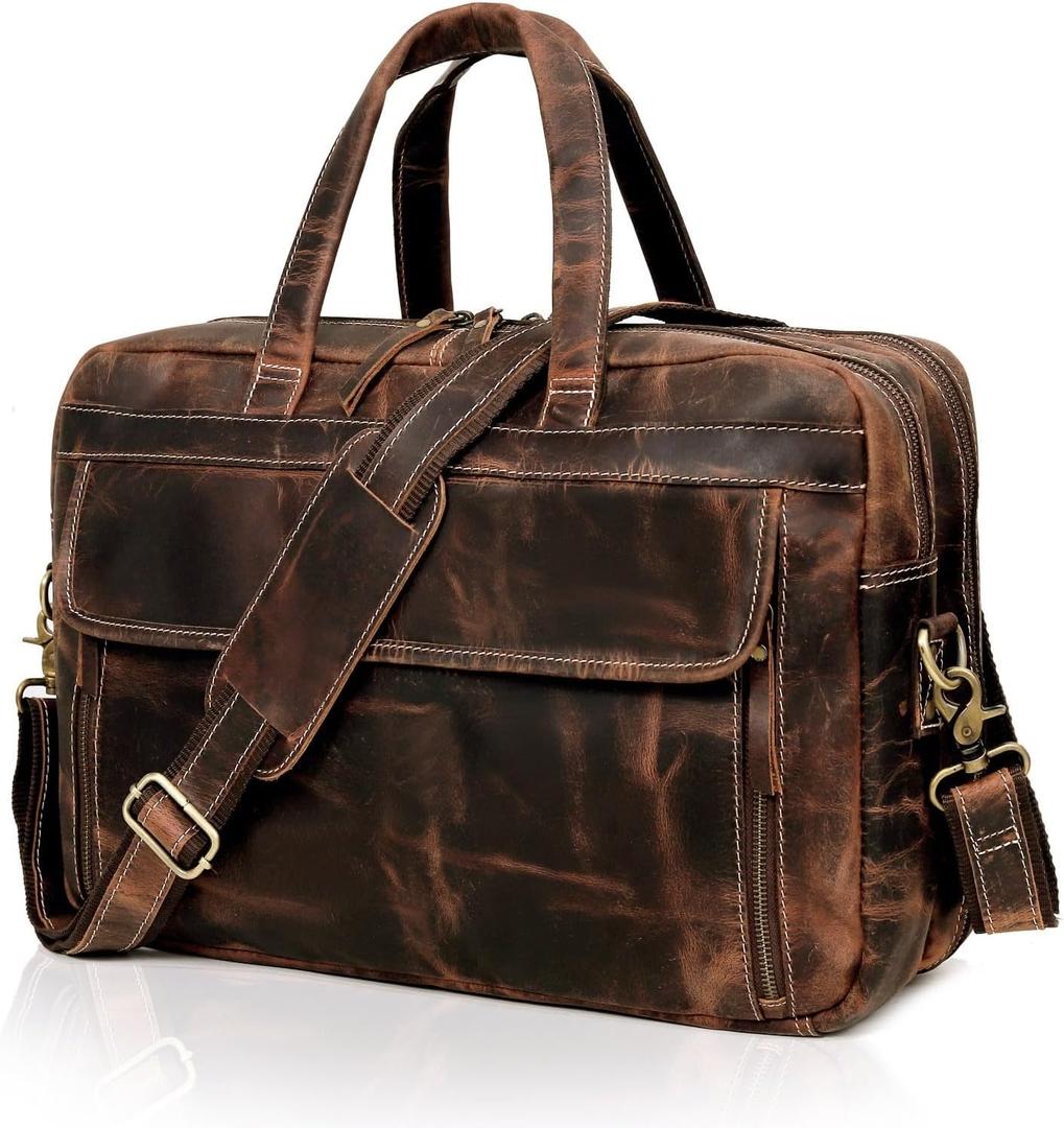 HLC 18 Inch Full Grain Leather Briefcase messenger shoulder bags for men and women (brown, 18 inch)
