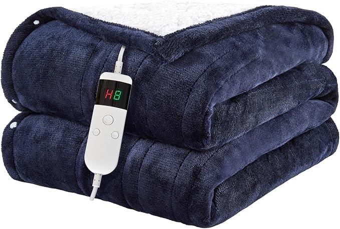 Electric Blanket Heated Throw, Soft Flannel 50"x60" Heating Blanket with 8 Hours Auto Off 10 Fast Heating Levels Machine Washable Sherpa Heated Blanket with Overheating Protection