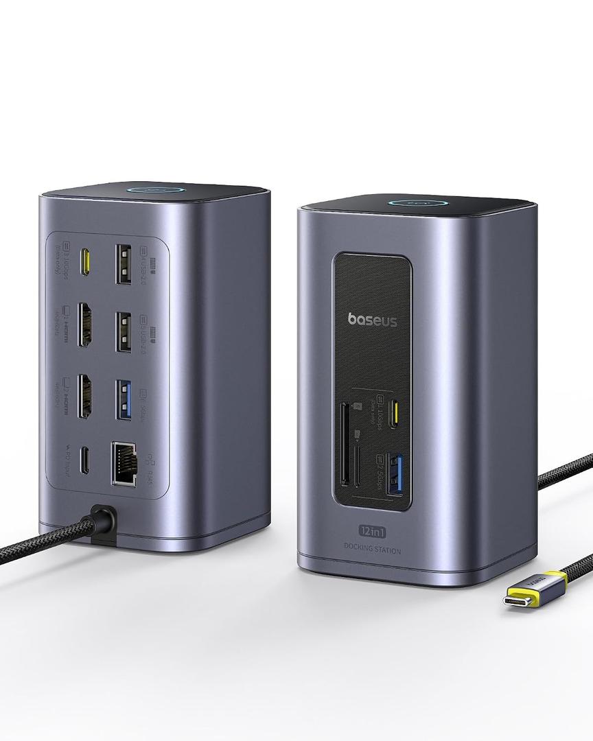 Baseus Nomos Air 12 in 1 Docking Station, Dual Monitor Laptop Docking Station for Windows, 2 Monitor 4K HDMI, 10Gbps USB-C/A, PD 100W, USB C Docking Station Compatible for Laptop HP/Lenovo/Dell/Acer