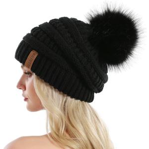 QUEENFUR Women Knit Slouchy Beanie Chunky Baggy Hat with Faux Fur Pompom Winter Soft Warm Ski Cap (A2-black)