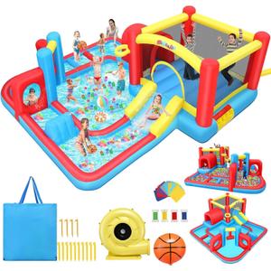 AKEYDIY Inflatable Water Slide Bounce House for Big Kids 3-12, Obstacle Course with Tunnel & Slide, Large Splash Pool, Water Cannon, Blow Up Water Park for Kids Backyard Indoor Outdoor