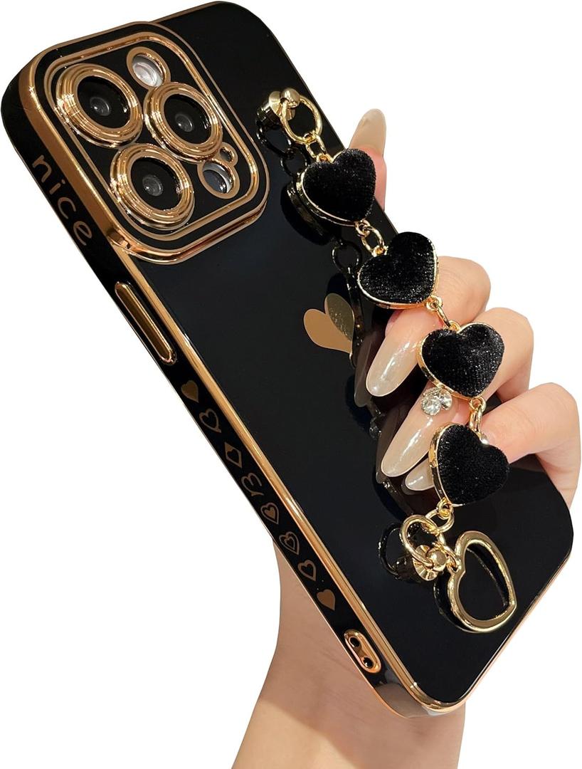 Caseative for iPhone 15 Pro Max Case,Cute Plating Love Heart Wrist Strap Chain Bracelet Phone Case (Black)