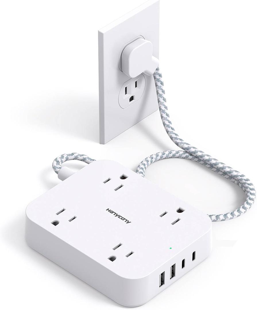 Flat Extension Cord 3 Ft, HANYCONY Power Strip with 4 USB Ports(2 USB C), 4 Widely Outlets Extender, Wall Mount, Desk Charging Station for Office, School, Travel and Dorm Room Essentials, ETL Listed (White)