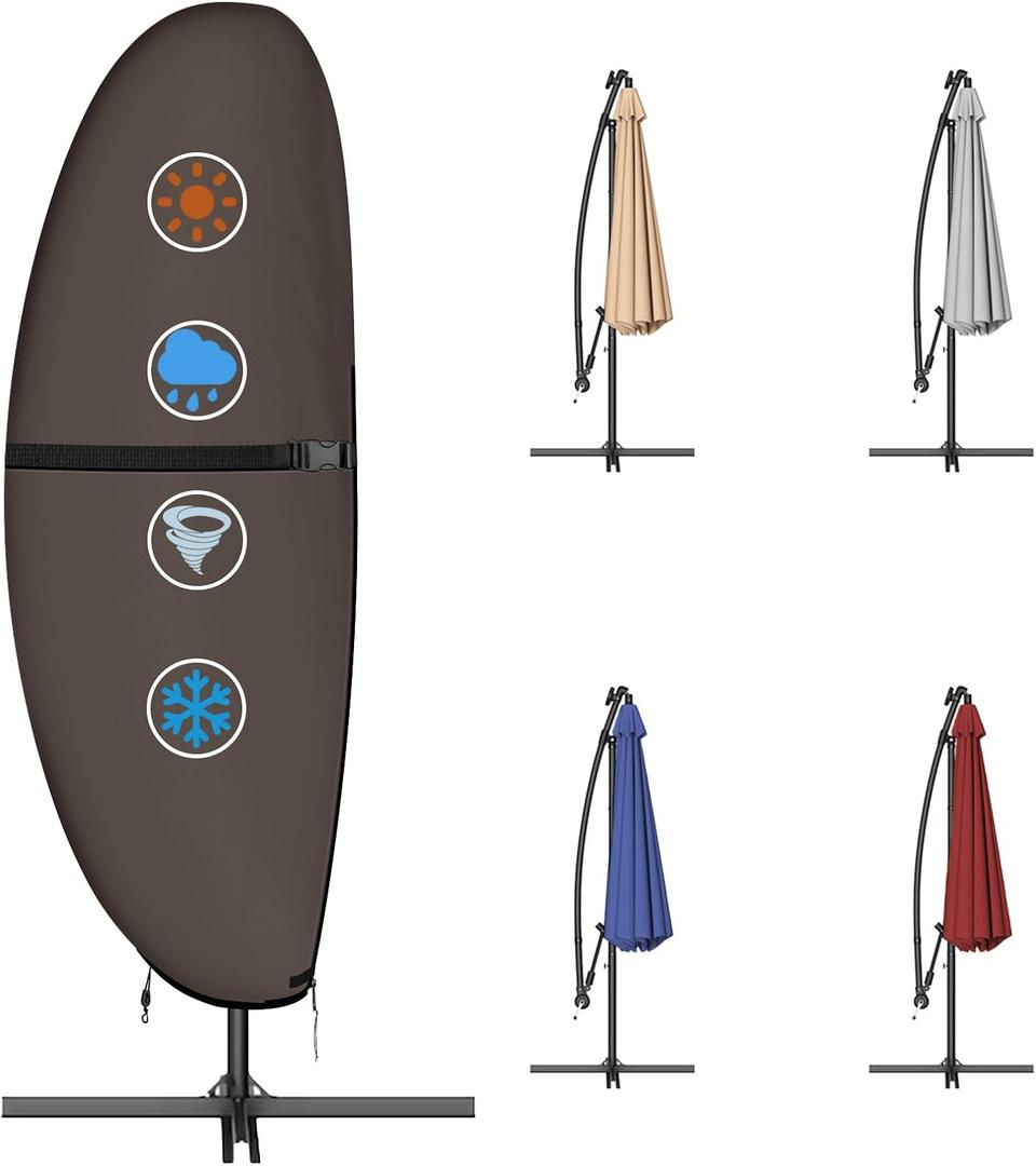 Patio Umbrella Cover, Sturdy 420D Oxford Waterproof Offset Banana Style Umbrella Cover with Zipper and Rod (Brown, Fits Cantilever Offset Umbrella 12-14 Feet DIA)