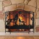 IRONWALLS 3-Panel Fireplace Screen with Wolves, 48"(L) x 32"(H) Wrought Iron Folding Fireplace Screens Decorative, Arched Fire Spark Guard Cover, Black Mesh Fire Place Gate Fence for Living Room