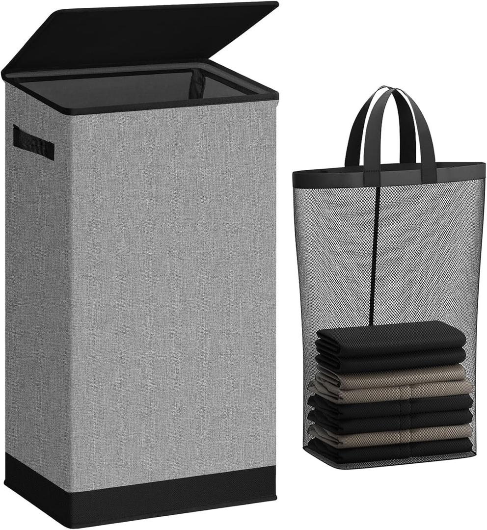 SOLEDI Laundry Hamper with Lid 100L Large & Tall Collapsible Laundry Basket, Clothes Hamper with Bag Removable Easy to Carry, Dirty Hampers for Bedroom, Bathroom, Dorm, College, Grey