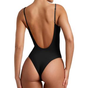 REORIA Womens Sexy Trendy Open Back V Neck Spaghetti Strap Backless Trendy Cami Bodysuit Tops (Small, Black)