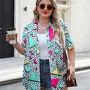 Plus Size 80s 90s Outfits for Women 90s Theme Party Disco Shirt 80s Hawaiian T-Shirt Retro Neon Button Down Blouse Tops (XXL)