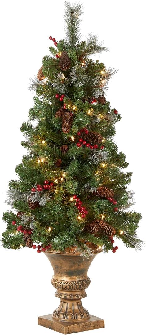 National Tree Company 4 ft Pre-Lit Crestwood Spruce Mini Artificial Christmas Entrance Tree, 100 Clear Lights, 230 Tips, Glitter, Pinecones, Red Berries, Gold Rubbed Pedestal Base, Green