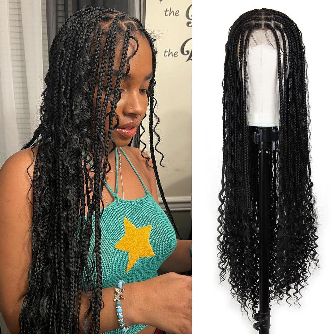 Boho Braided Wigs for Black Women, 36 inch Knotless Full Lace Boho Box Braid Wig, Bohemian Curly Ended Double Full Lace Goddess Braided Wig (1B (Square Based))