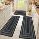 HEBE Washable Kitchen Rugs Sets of 3, Non Slip Absorbent Kitchen Rugs and Mats, Farmhouse Stain Resistant Faux Jute Kitchen Mat Carpet Runner for Kitchen Floor, Laundry Room, Hallway, Black/Grey