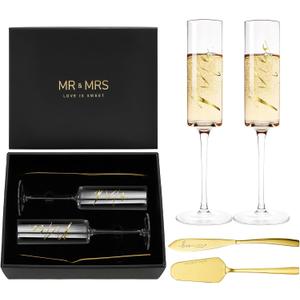 AW BRIDAL Engagement Gifts for Couples Mr and Mrs Champagne Flutes, Bride and Groom Champagne Glasses with Gold Wedding Cake Knife for Bridal Shower, Mr and Mrs Gifts for Couple Anniversary Wedding (Set of 4Gift box)