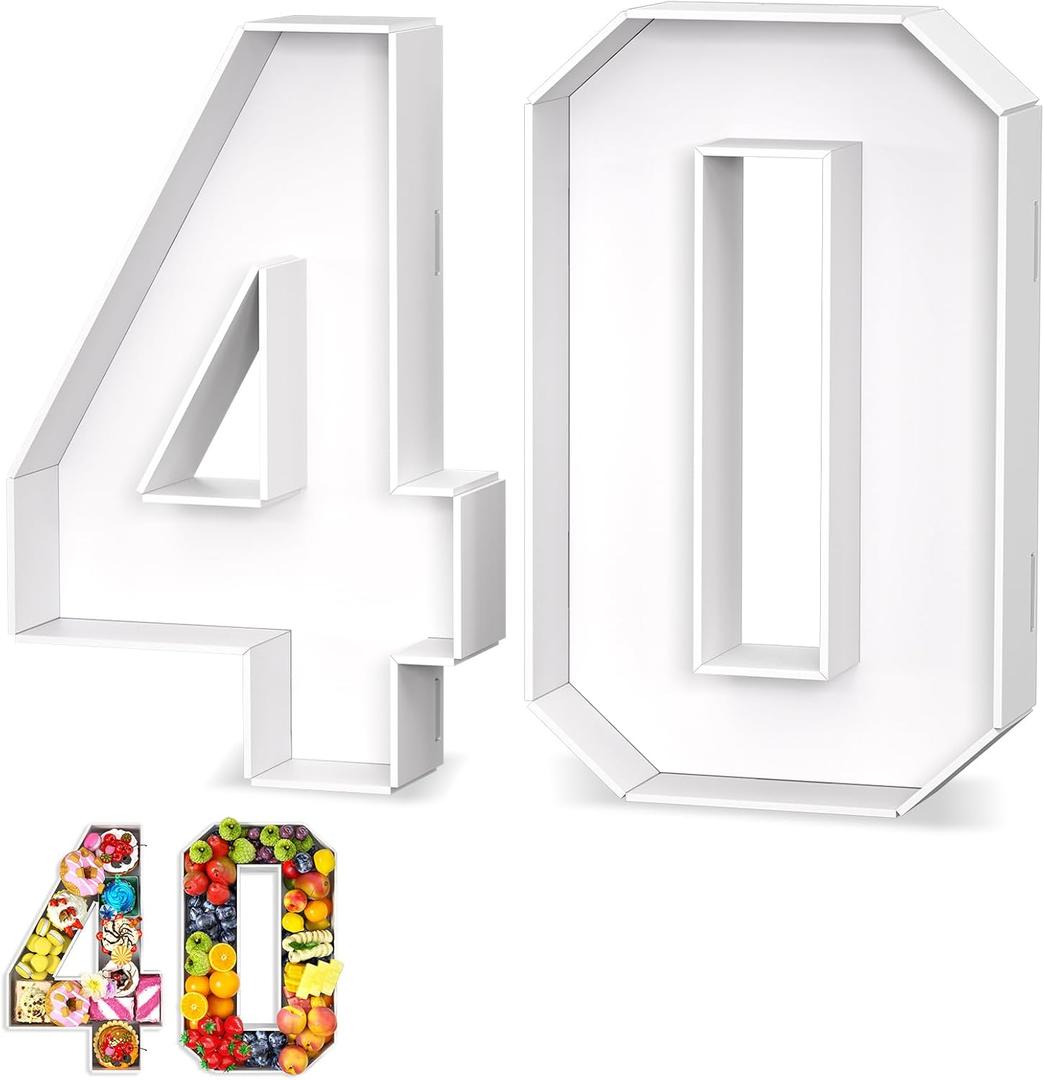 Paready 13.78'' Fillable Cardboard Number 40, Charcuterie Foam Board Number 40, Food Fillable Number Shaped Sweets Flower Candy Cupcake Container Box for 40th Anniversary Birthday Party Decoration
